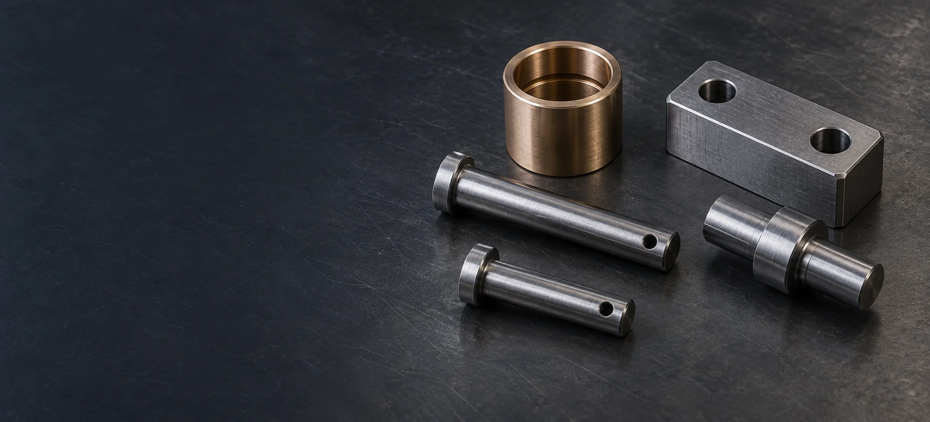 Machined steel pivot pins, a grooved bronze bushing, a stepped shaft and a mounting block on a dark workbench.