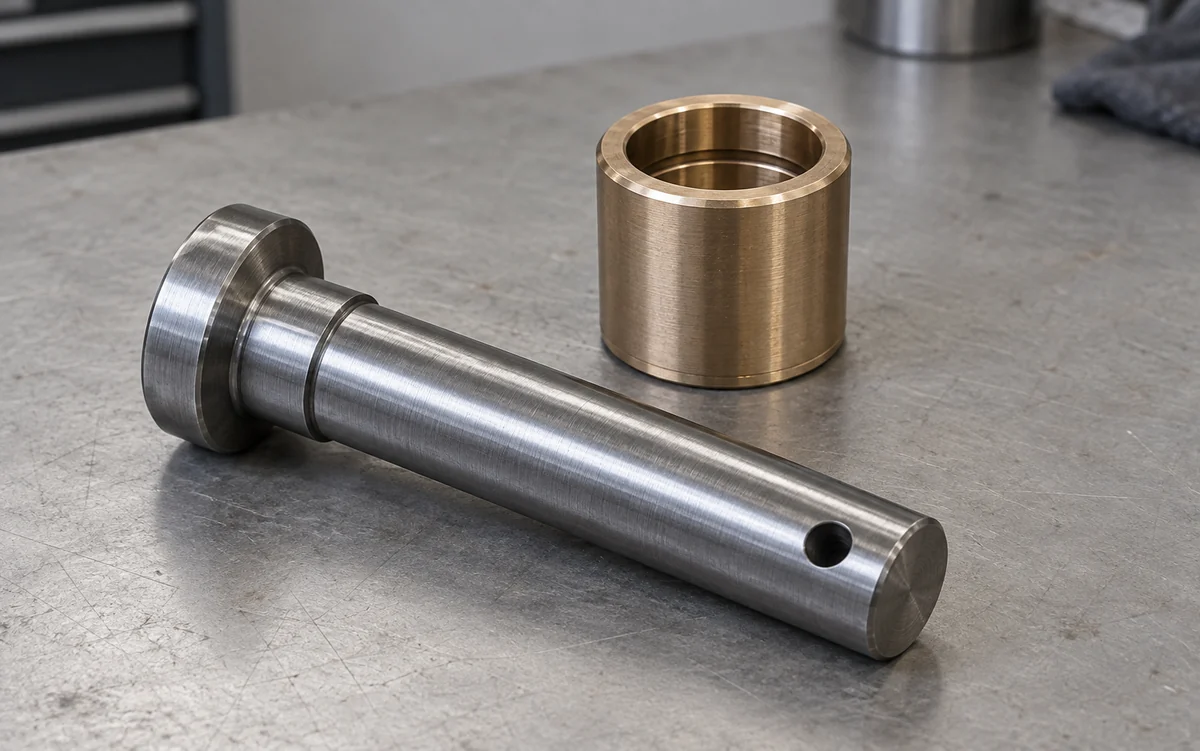 Steel pivot pin with a shoulder and transverse hole beside a bronze bushing with an internal lubrication groove.