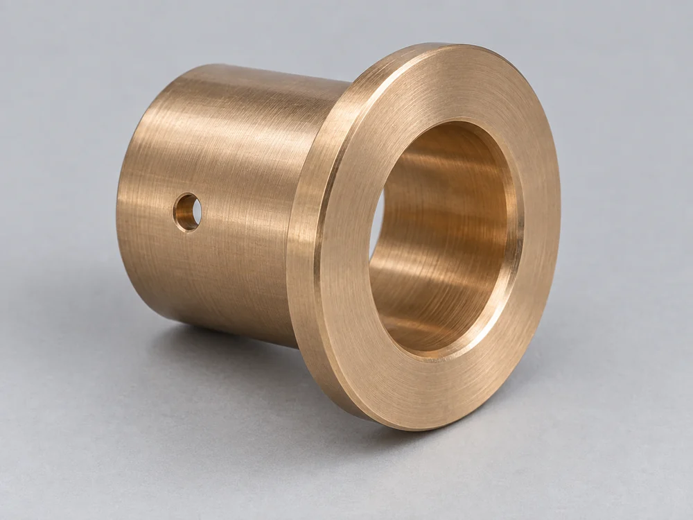 Bronze flanged bushing with a concentric bore and a radial oil hole