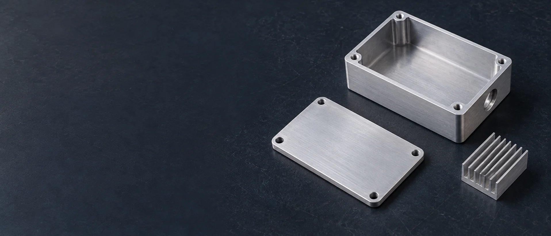 Machined aluminum electronic enclosure with a separate cover and a finned heat sink on a dark workbench