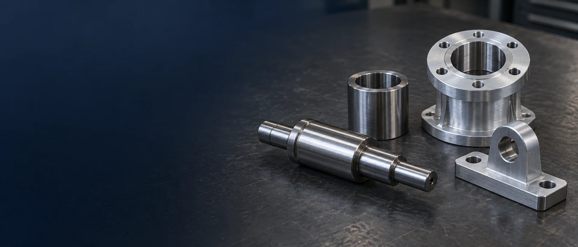 Machined stepped shaft, sleeve, flanged housing and mounting bracket on a dark workbench