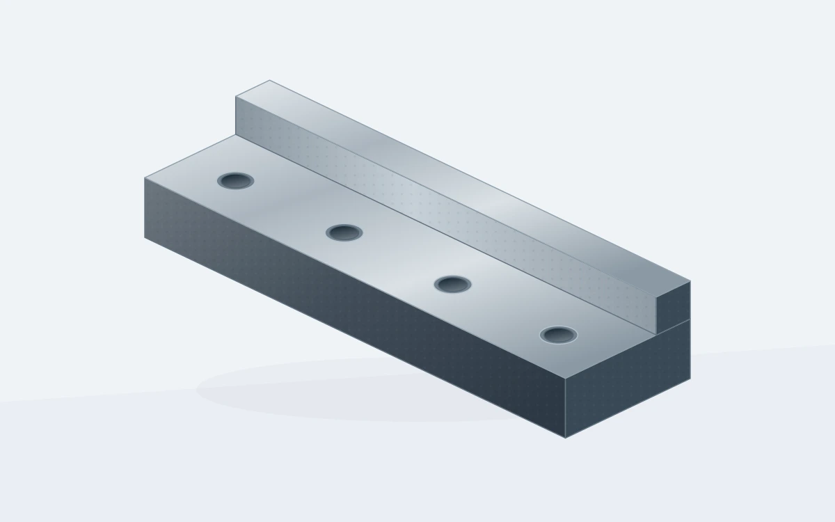 Guide blocks and wear strips geometry, showing a contrast between unfinished body surfaces and machined features
