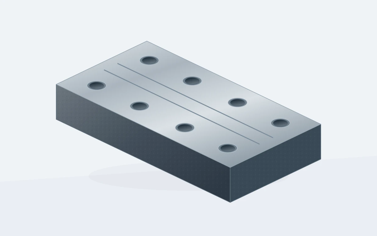 Fixture plates and blocks geometry, showing a contrast between unfinished body surfaces and machined features