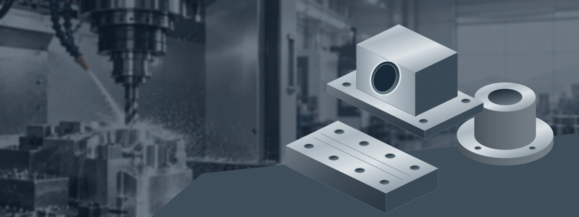 Cast iron housing, flanged sleeve and fixture block over a generic machining background