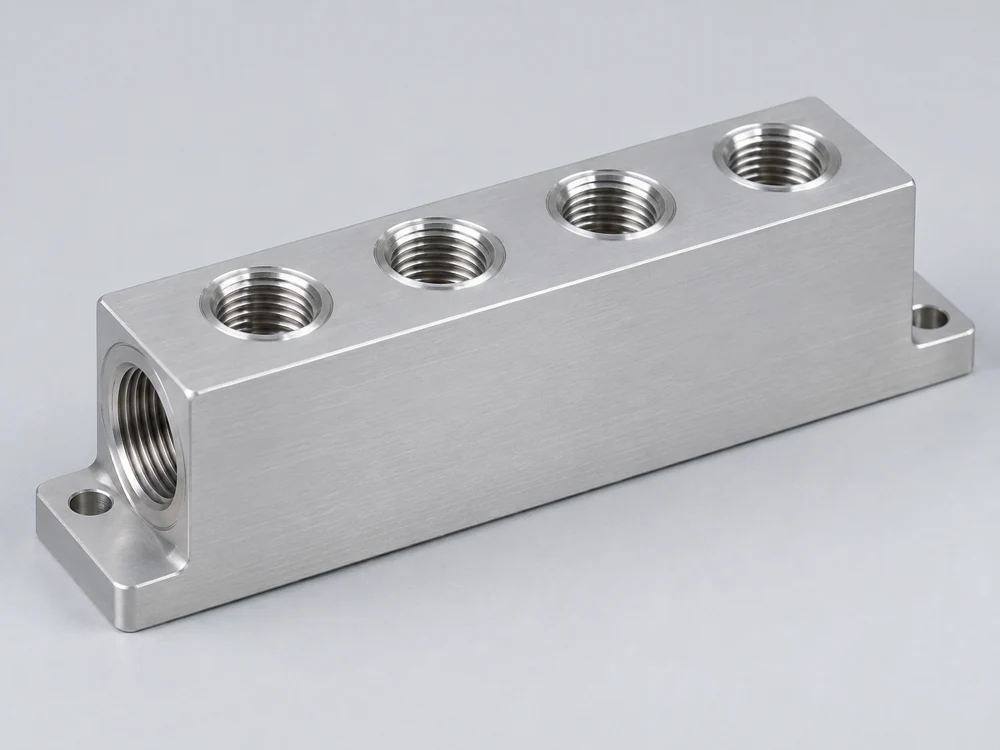 Bearbeiteter Verteilerblock mit Kühlmittel-Gewindeanschlüssen und Befestigungsbohrungen