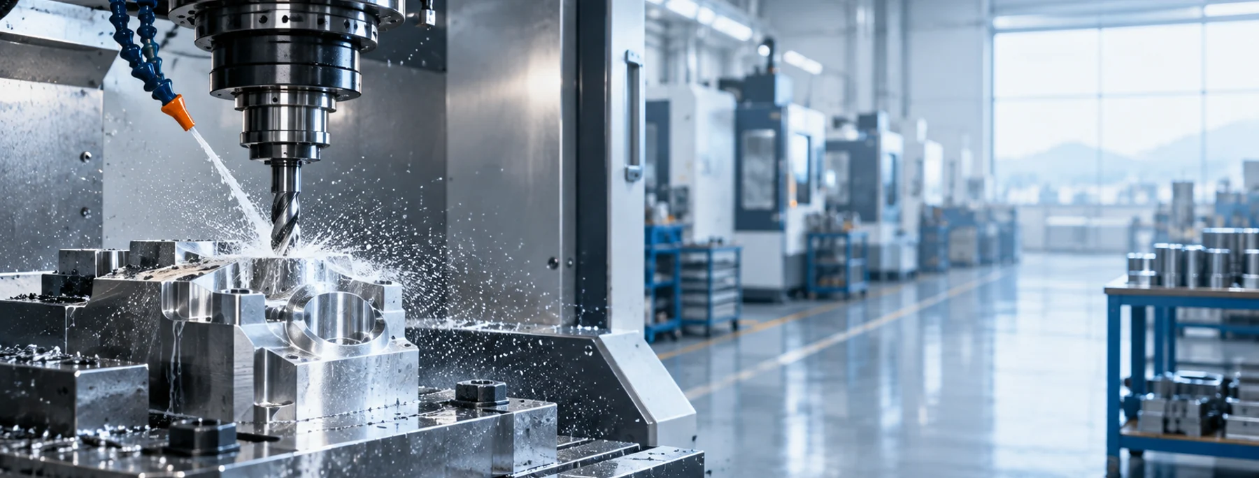 CNC milling workspace with an open machined metal component