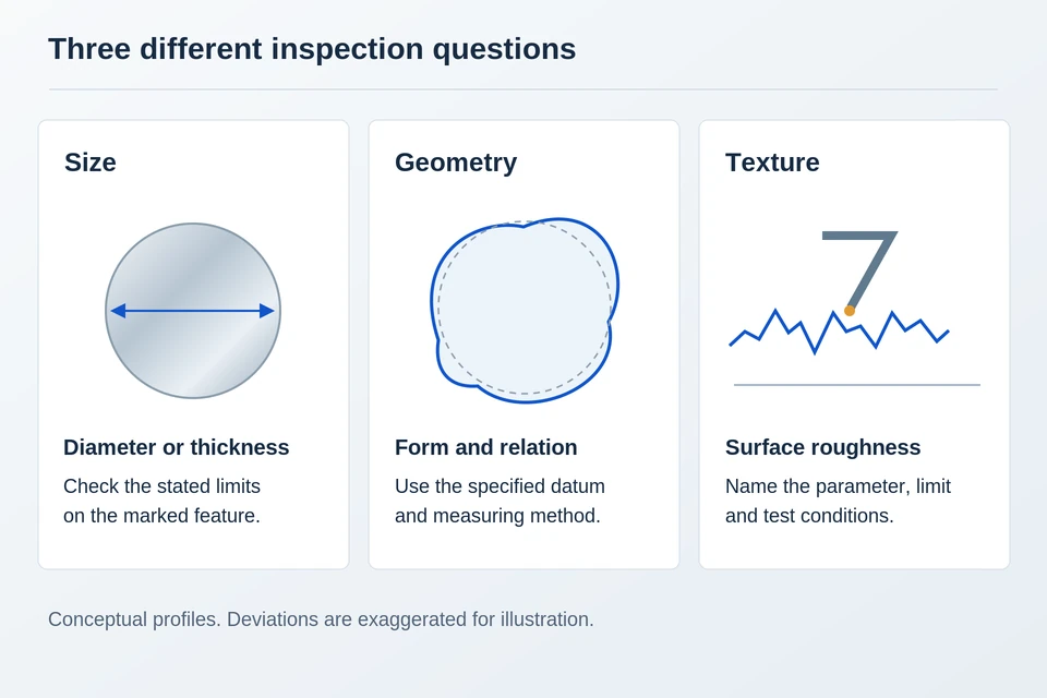 Size, geometric form and surface texture shown as three separate inspection questions
