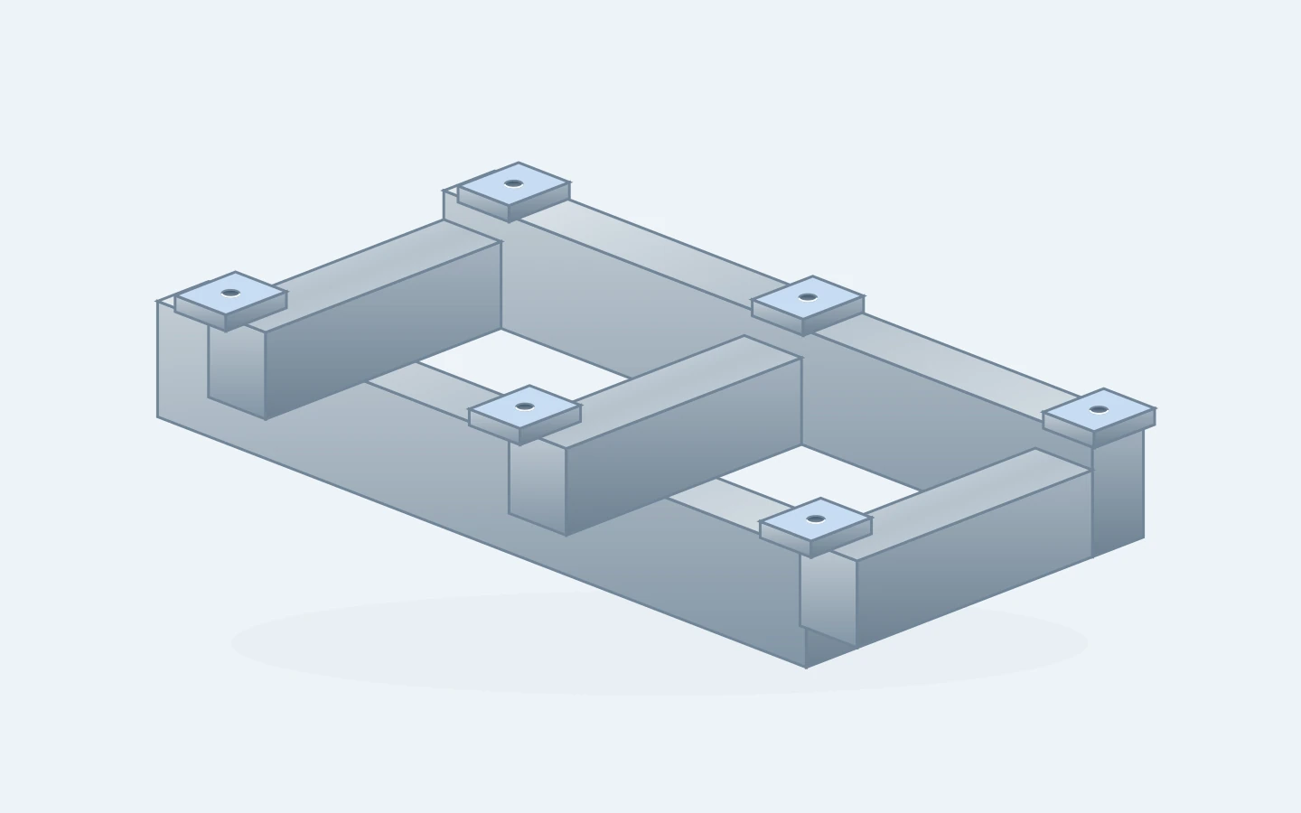 Fabricated frame with highlighted finish-machined mounting pads; fabrication supply is separate