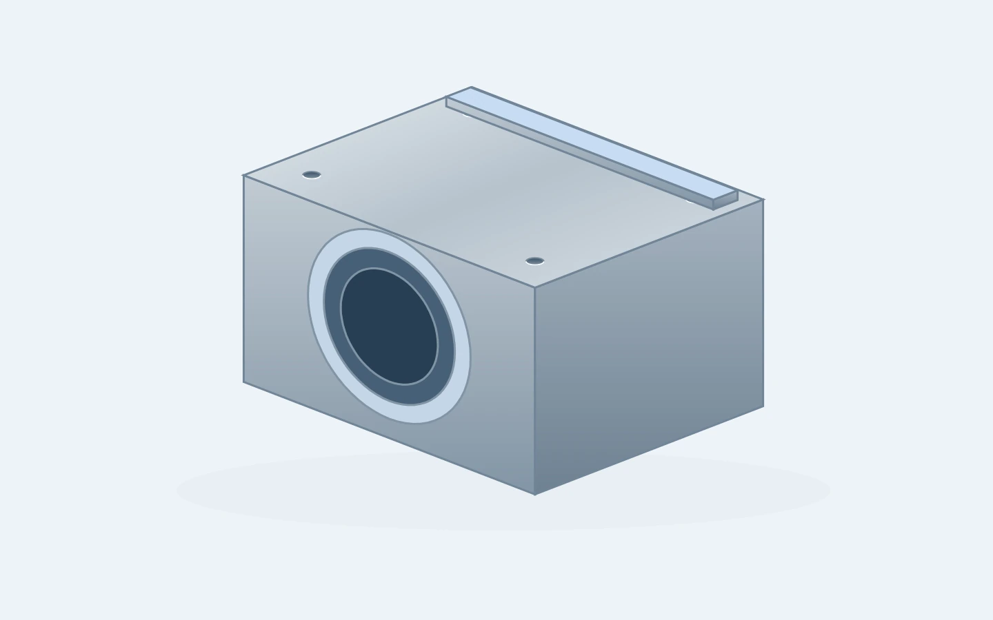 Bearing housing with a central bore, mounting face and top fixing holes