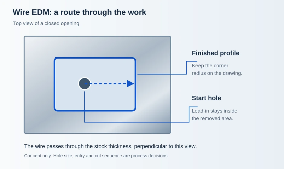 Wire EDM closed-profile access with a start hole and lead-in