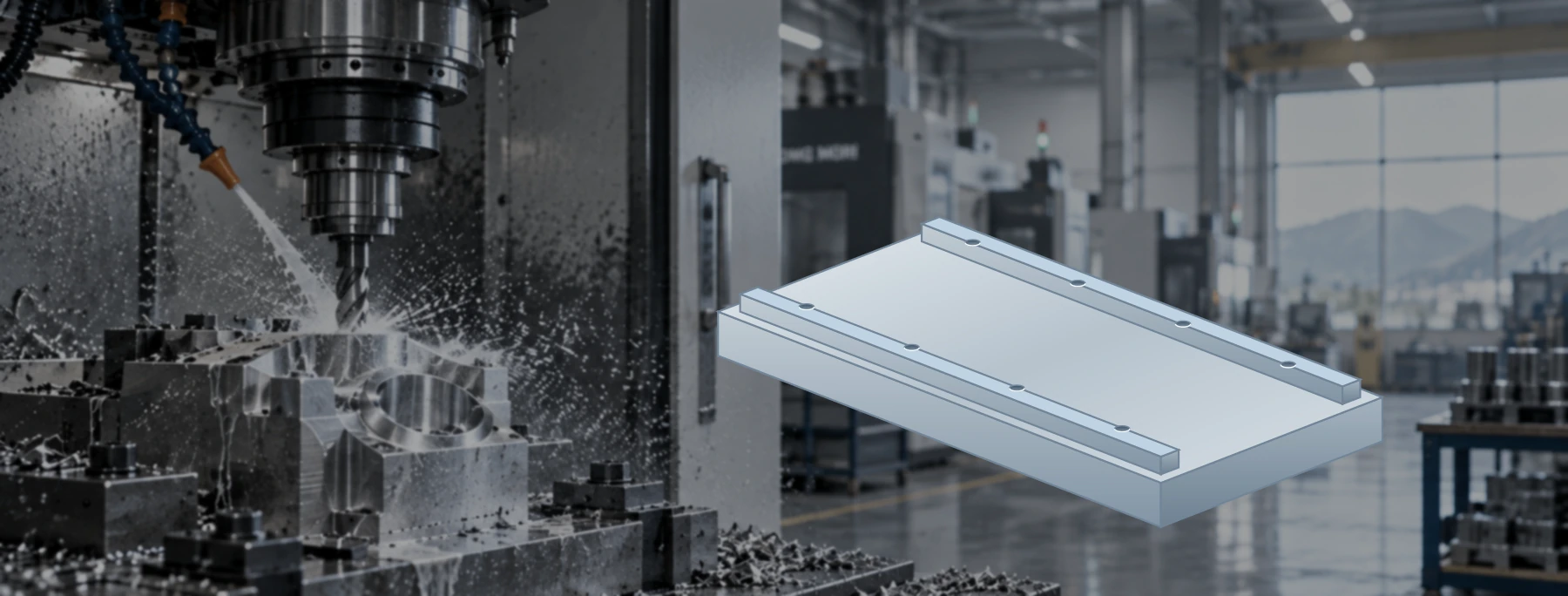 Large tooling base with mounting holes against a workshop background