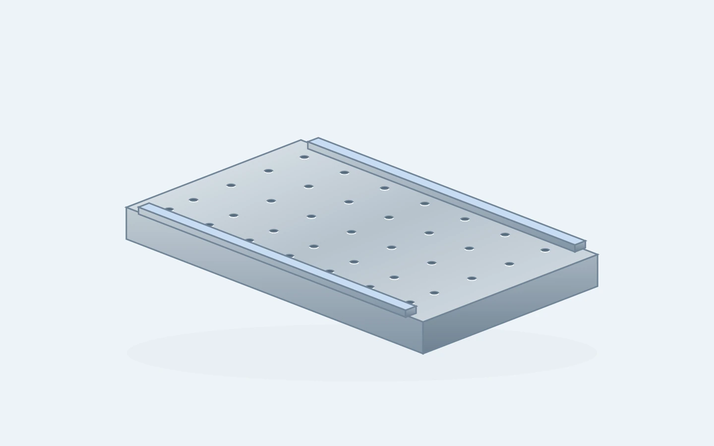 Wide tooling plate with two locating strips and a pattern of fixture holes
