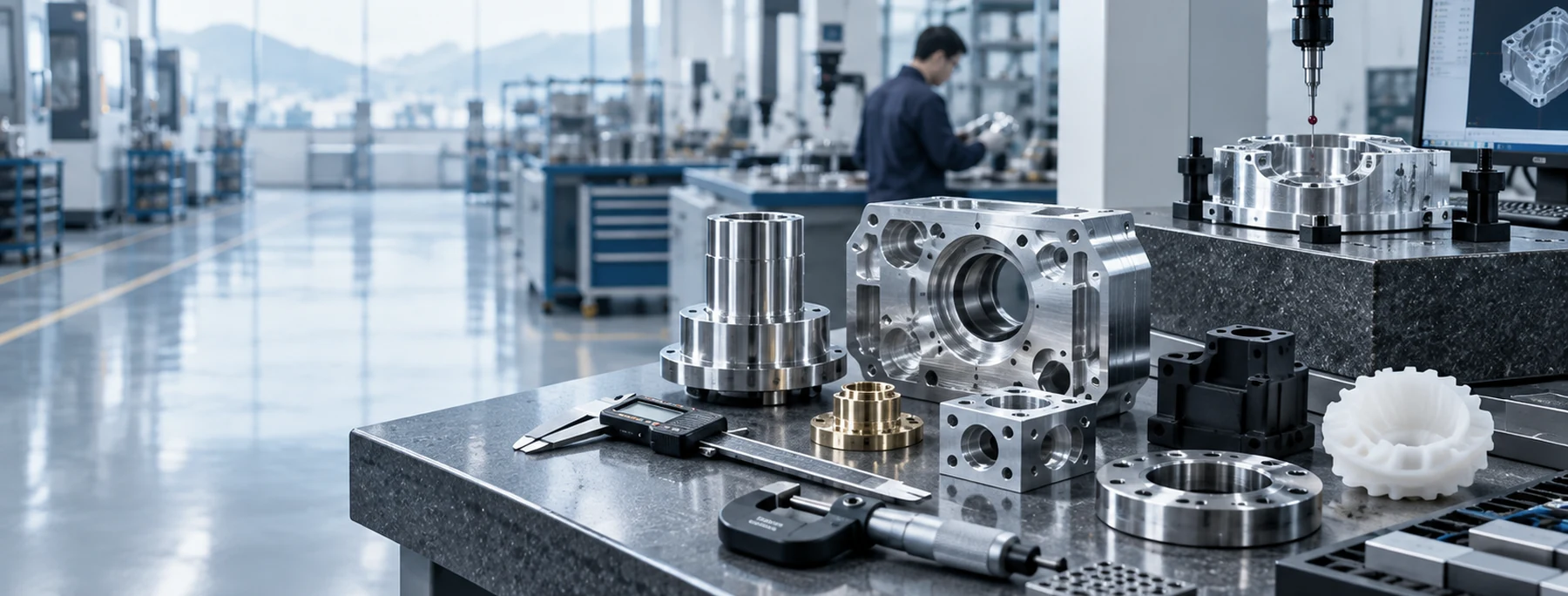 Precision metal components and measuring tools on an inspection bench