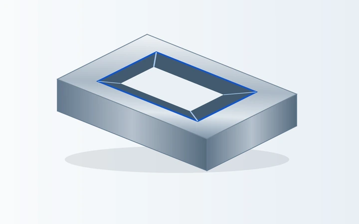 Tapered through-opening showing different upper and lower profiles