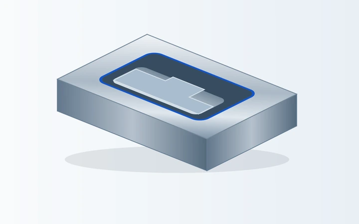 Tooling block with a blind shaped cavity and a visible floor