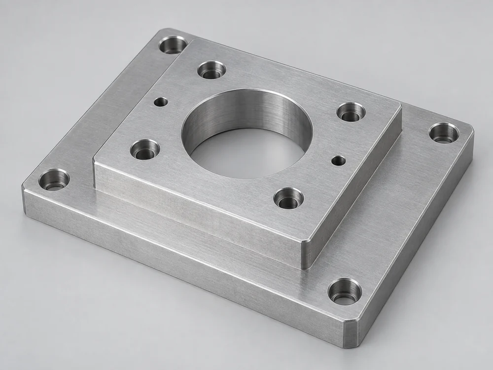 Stepped motor mounting base with a raised seating face, clearance opening and locating holes