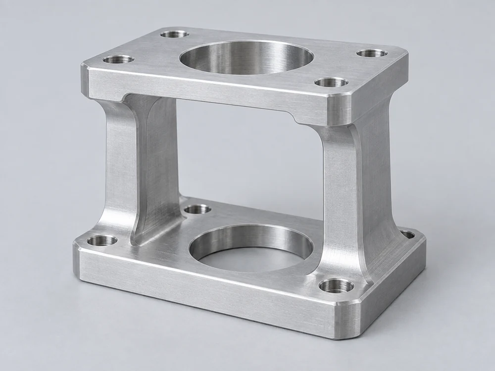 Open-bridge actuator bracket with parallel mounting flanges, a central bore and an access window
