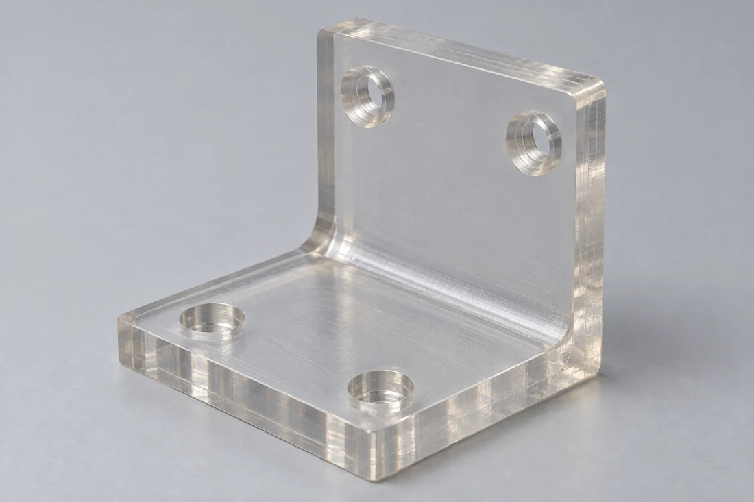 Soporte en forma de L transparente con orificios en su base horizontal y en su pared vertical