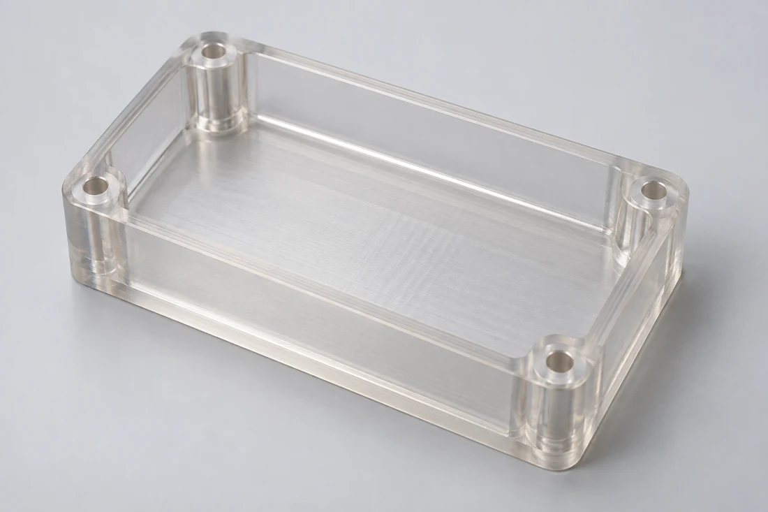Cuerpo rectangular transparente de carcasa con una cavidad abierta y cuatro salientes de montaje en las esquinas