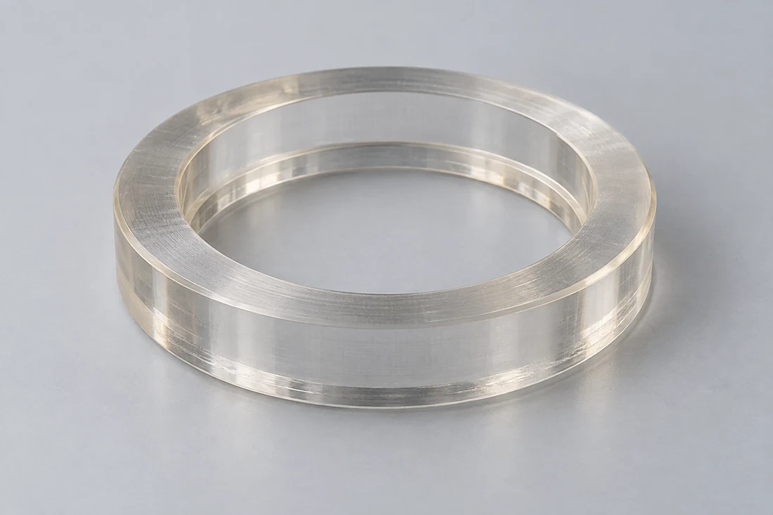 Anillo de retenci&oacute;n anular transparente con un taladro central escalonado conc&eacute;ntrico