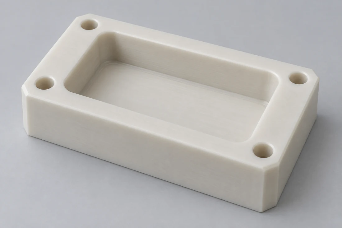Bloque polimérico rectangular blanco con una cavidad rectangular superficial y cuatro orificios de montaje en las esquinas