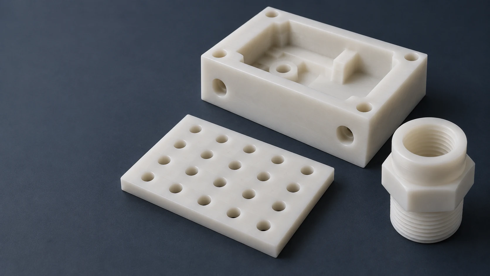 Bloque mecanizado blanco con cavidades, placa perforada y adaptador roscado dispuestos sobre una superficie oscura