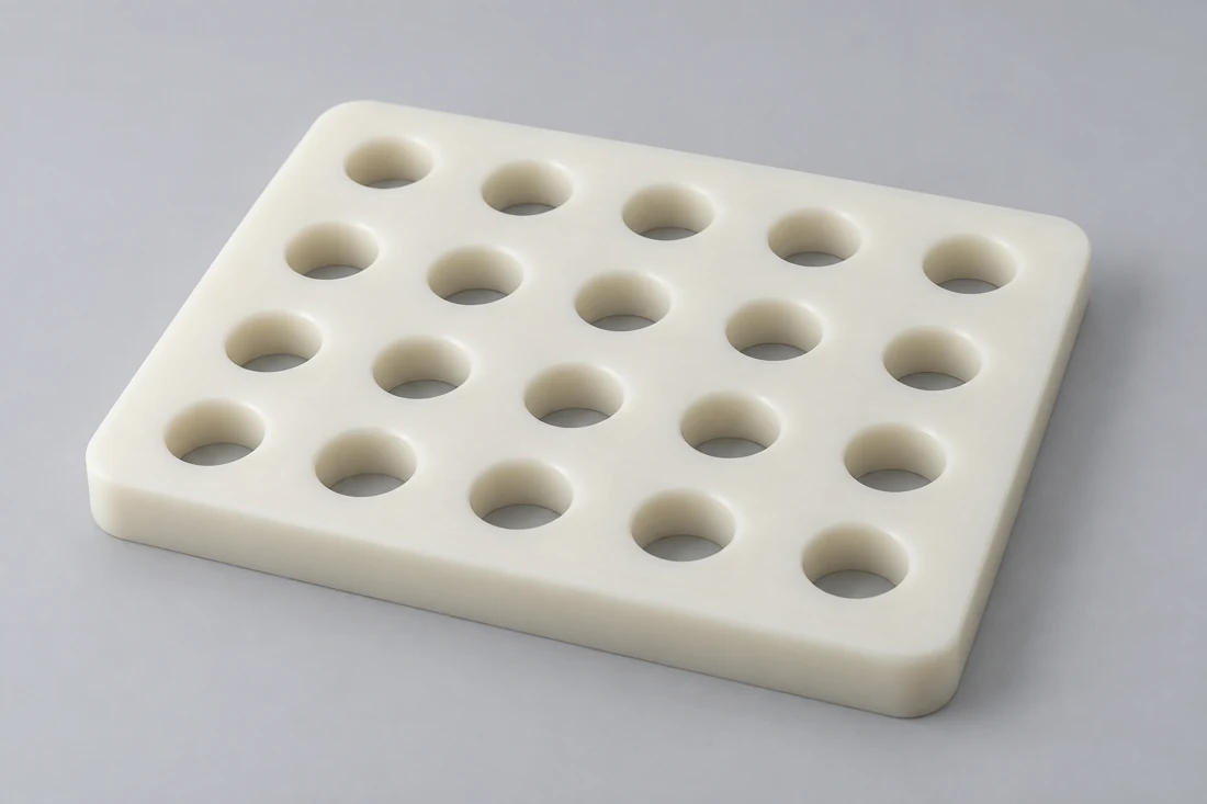 Placa rectangular blanca con una matriz regular de veinte orificios pasantes