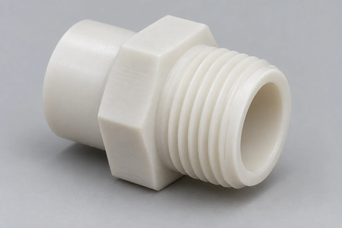 Adaptador hueco blanco con rosca externa, secci&oacute;n hexagonal para llave y collar liso