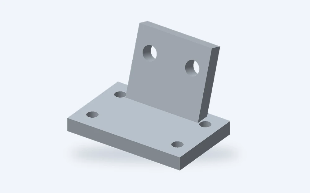 Darstellung einer rechtwinkligen Aluminiumhalterung mit Bohrungen auf zwei Befestigungsflächen