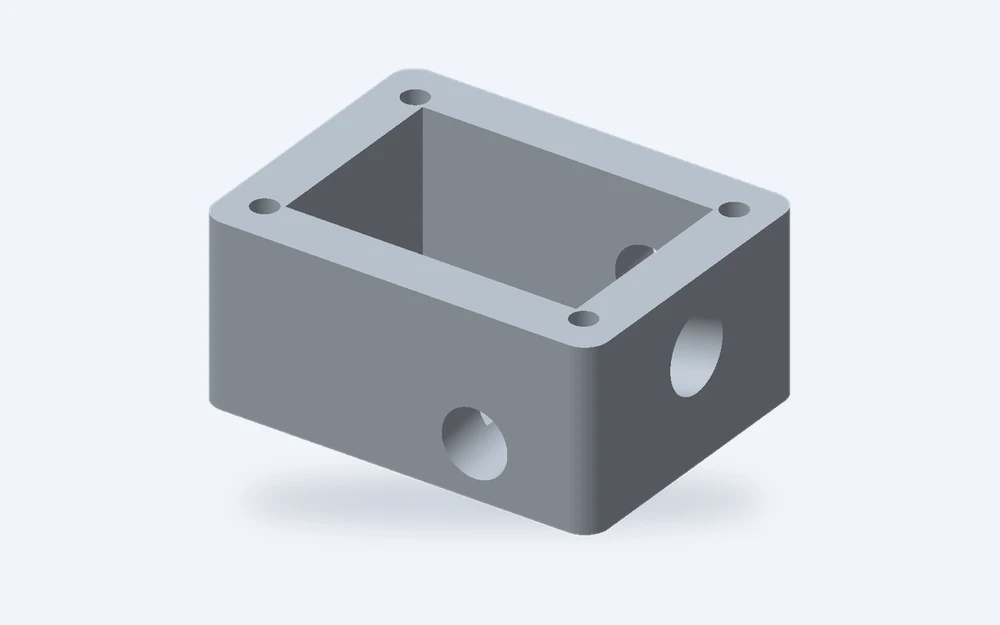 Darstellung eines Aluminiumgehäuses mit offener Tasche, Befestigungsrand und seitlichen Öffnungen