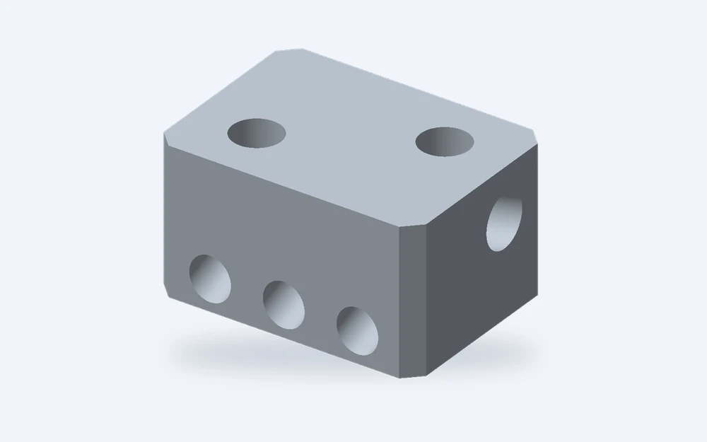 Illustration eines aluminiumnen Anschlussblocks mit sich kreuzenden Bohrungen auf mehreren Flächen