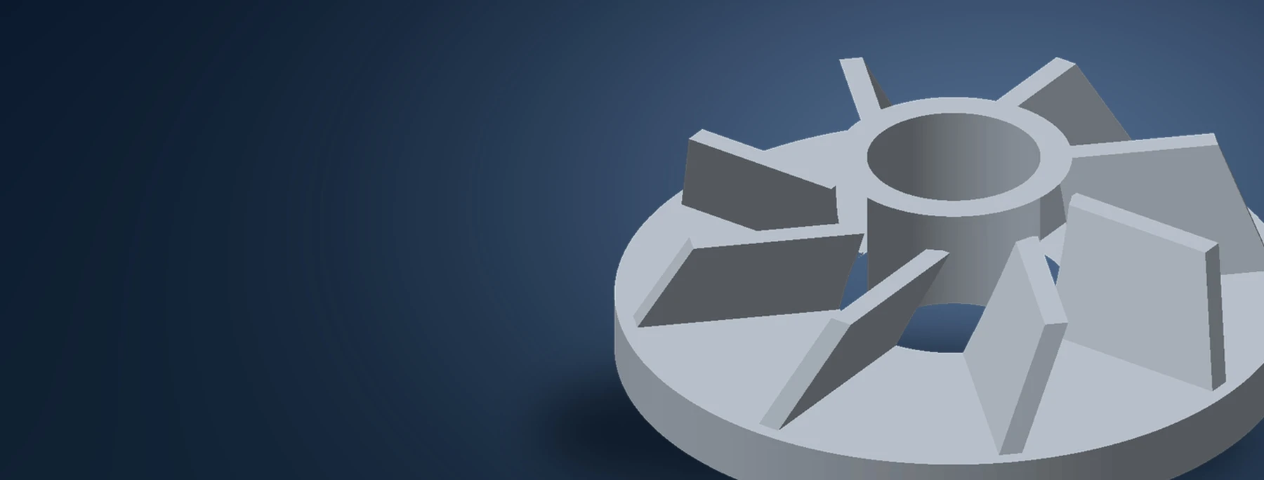 CAD-Darstellung einer komplexen Aluminiumkomponente mit zentralem Bohrungsdurchmesser und radialen Rippen