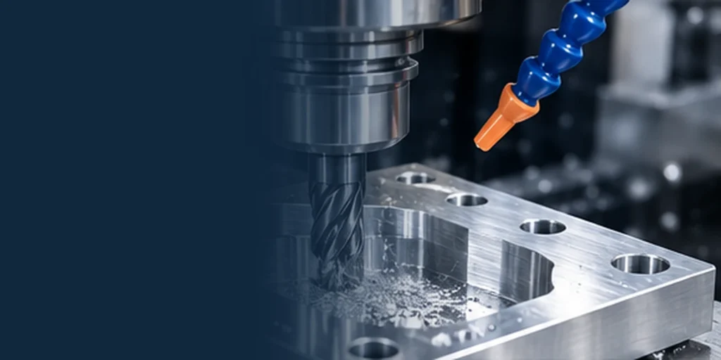 A CNC spindle and cutter above a pocketed workpiece.