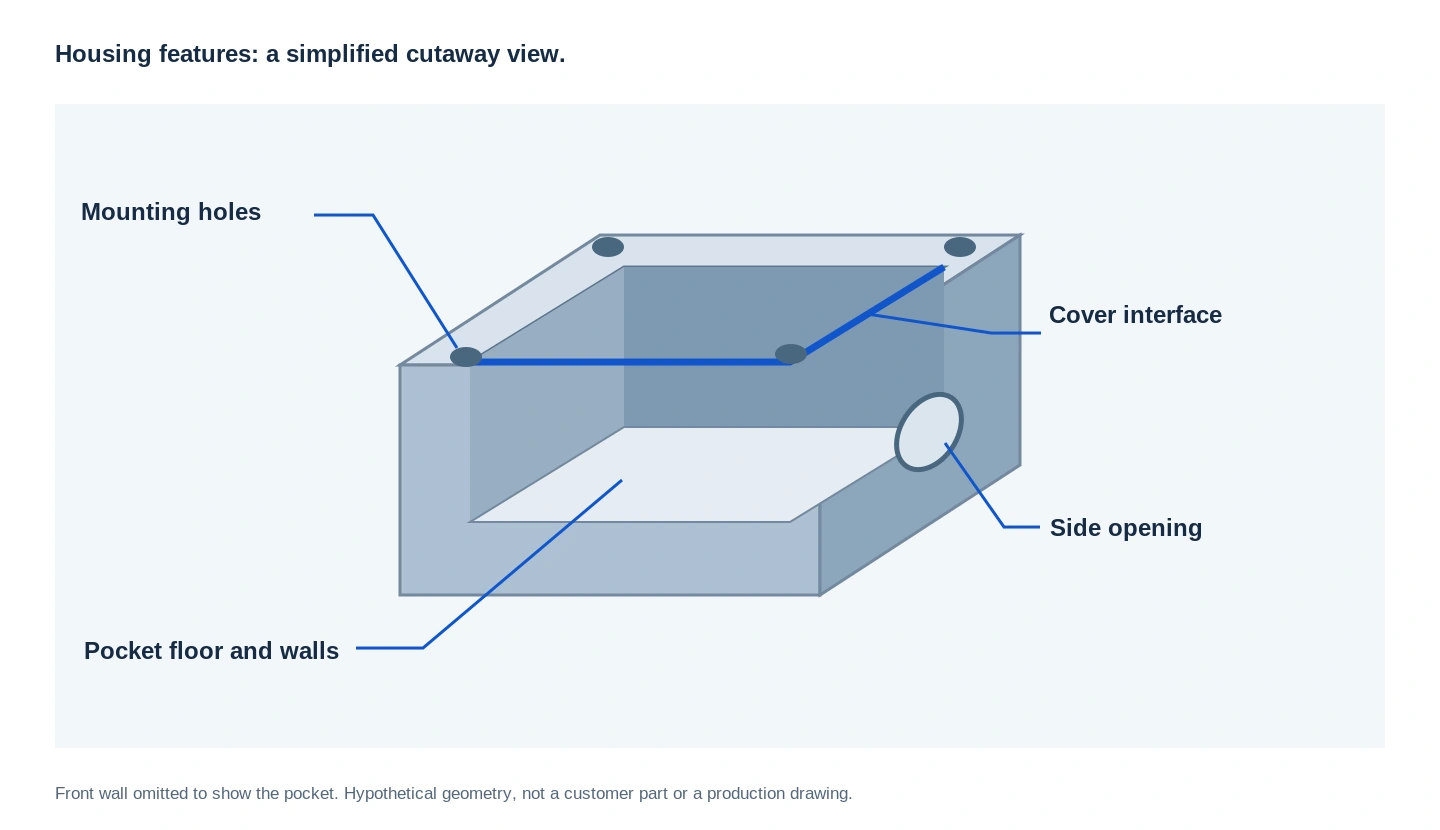 Hypothetical pocketed housing with mounting holes, internal cover seat, pocket walls and side opening.