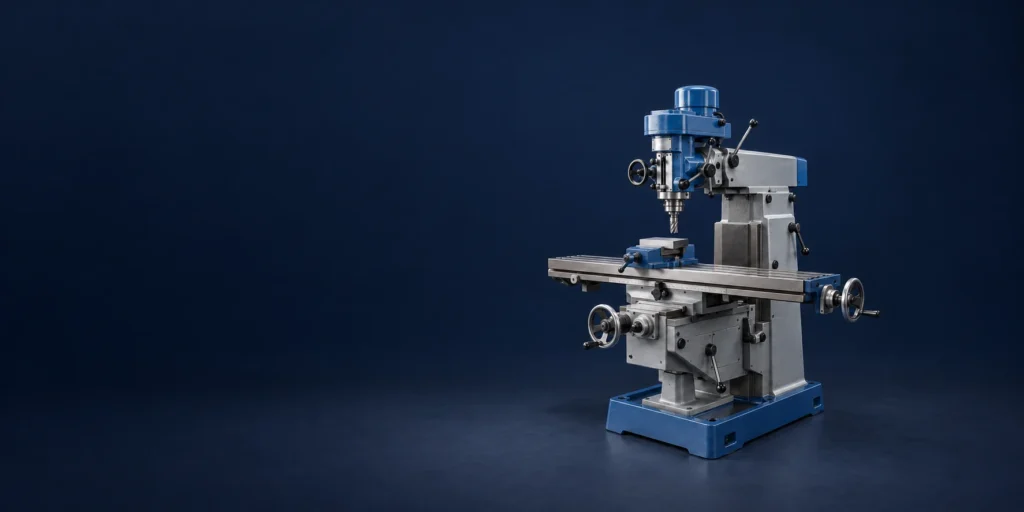 A vertical knee-type milling machine showing its spindle head, worktable, vise, column and base.