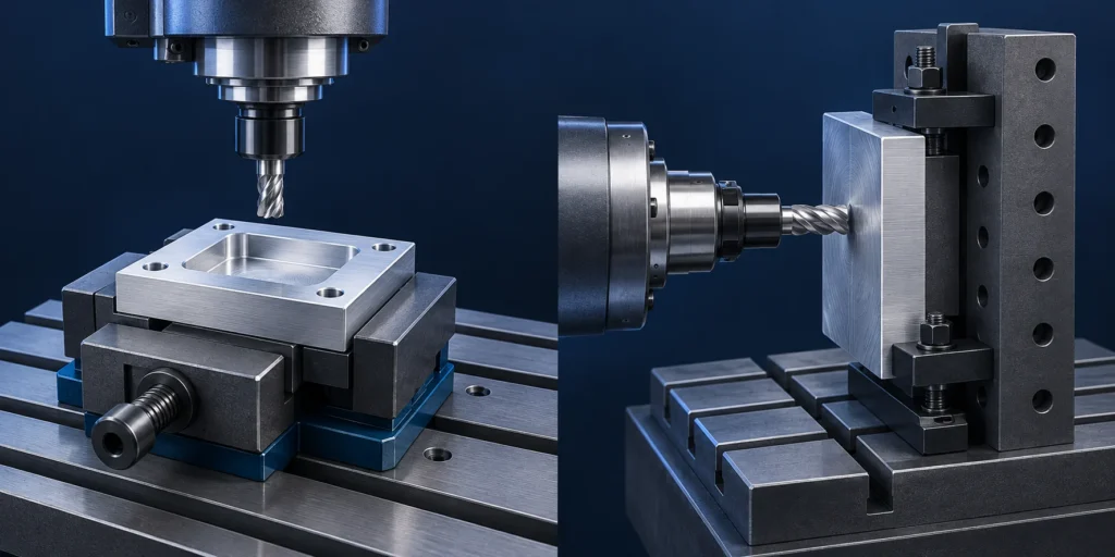 A vertical end mill above a clamped plate and a horizontal end mill approaching a block on an upright fixture.
