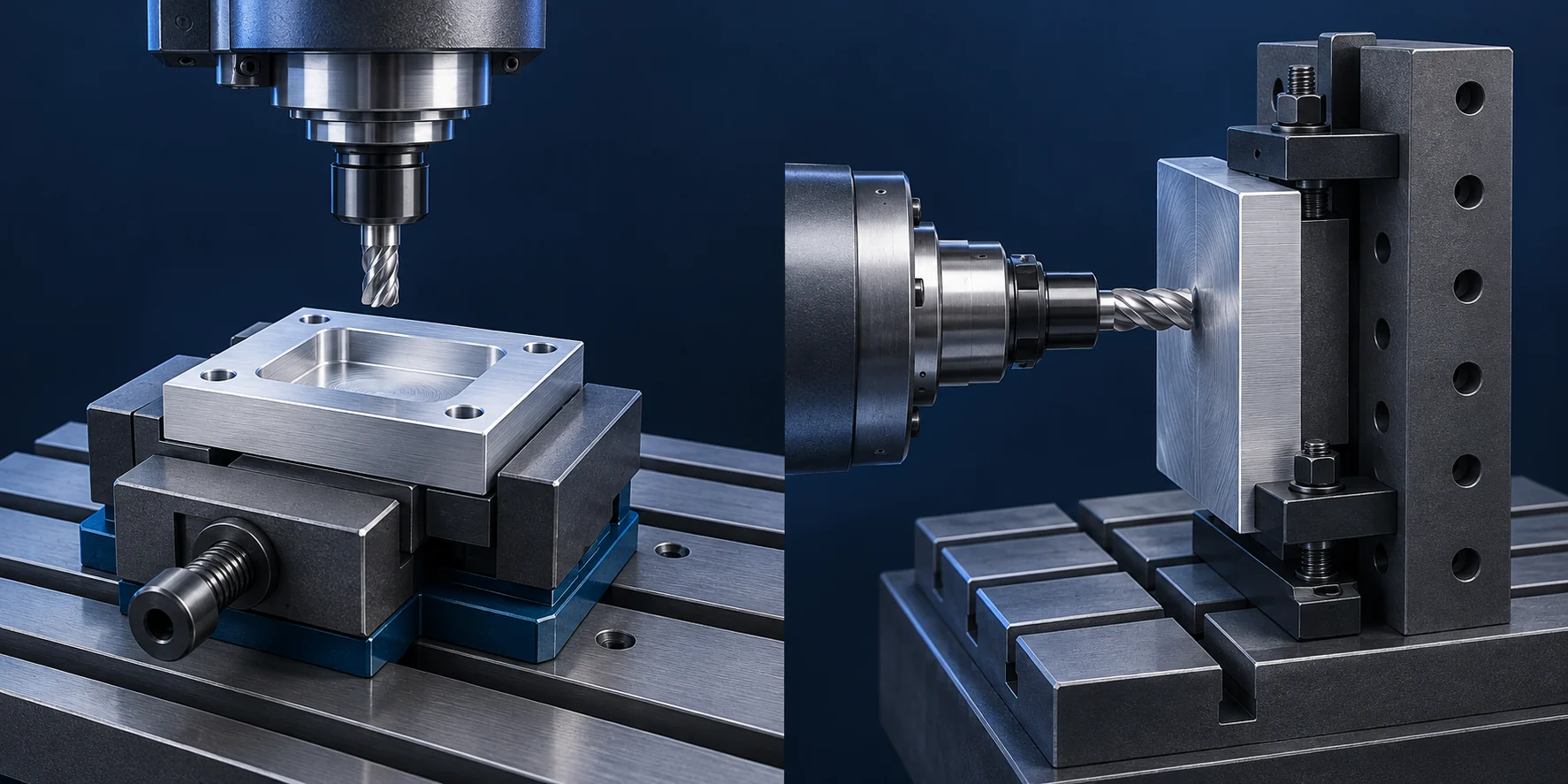 AI illustration comparing a vertical end mill above a clamped plate with a horizontal end mill approaching a block on an upright fixture.