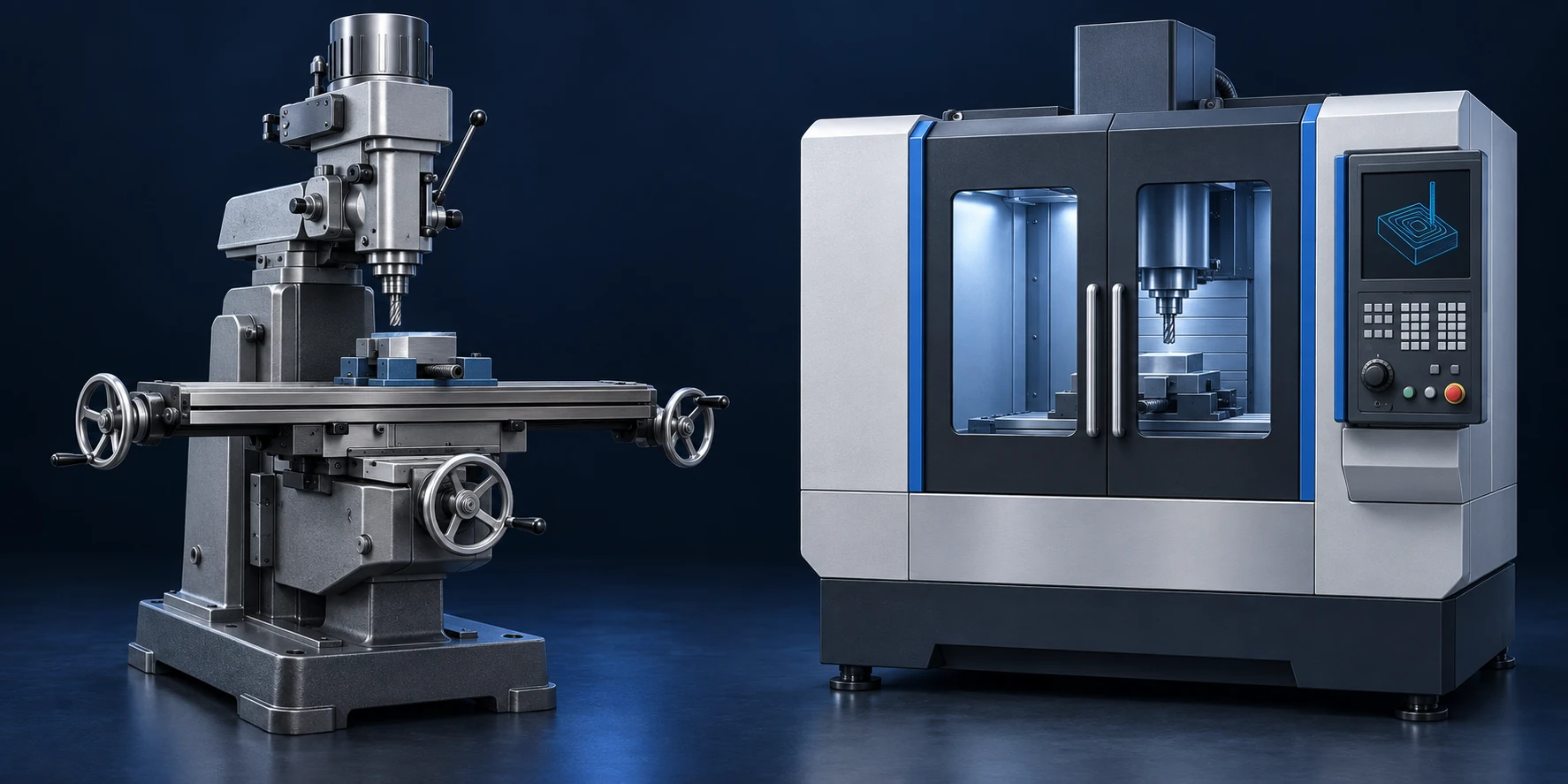 Manual knee-type mill with handwheels beside an enclosed CNC machining center with a programmable control panel.