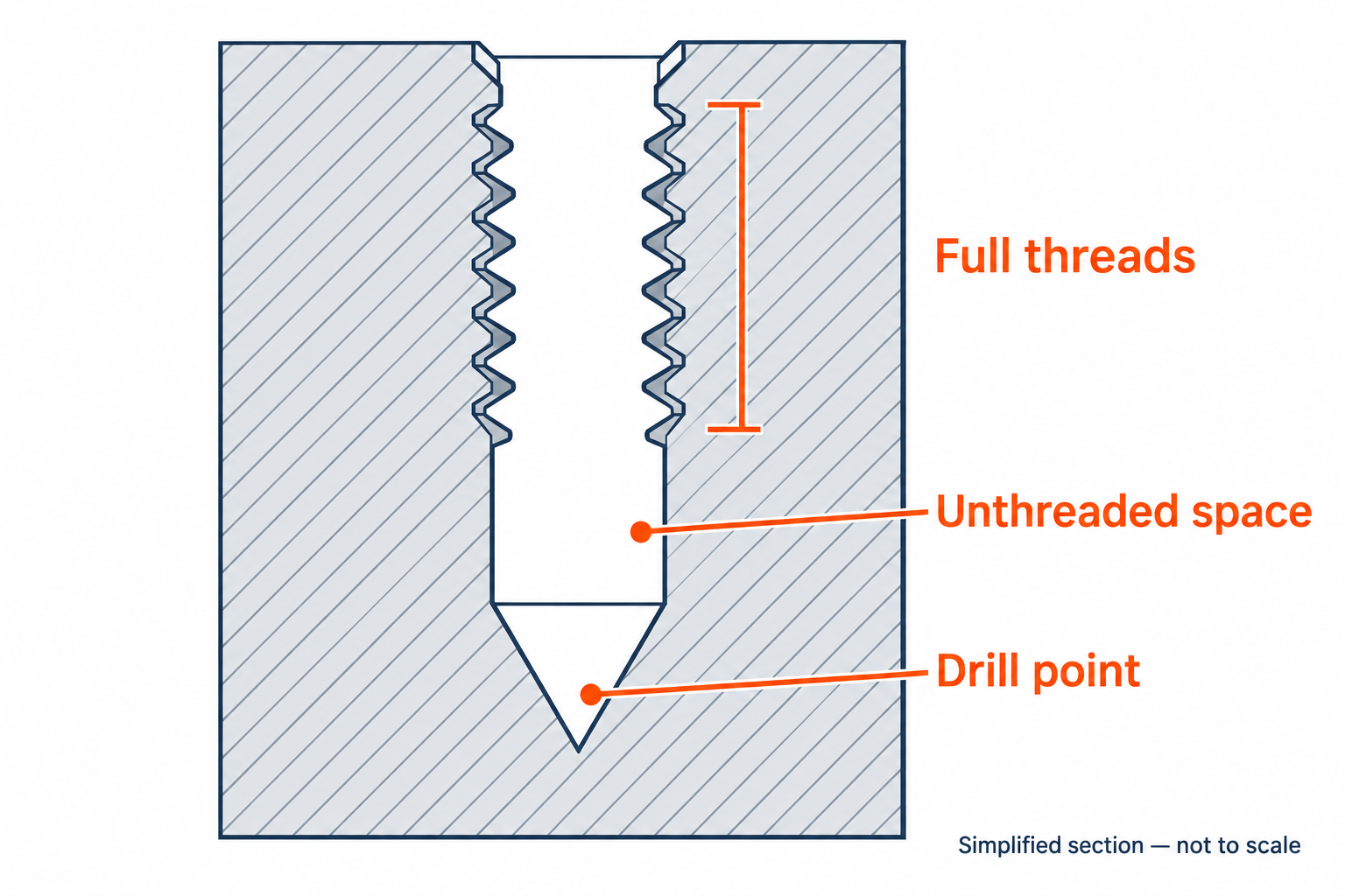 Section of a blind threaded hole showing full threads above an unthreaded region and a conical drill point.