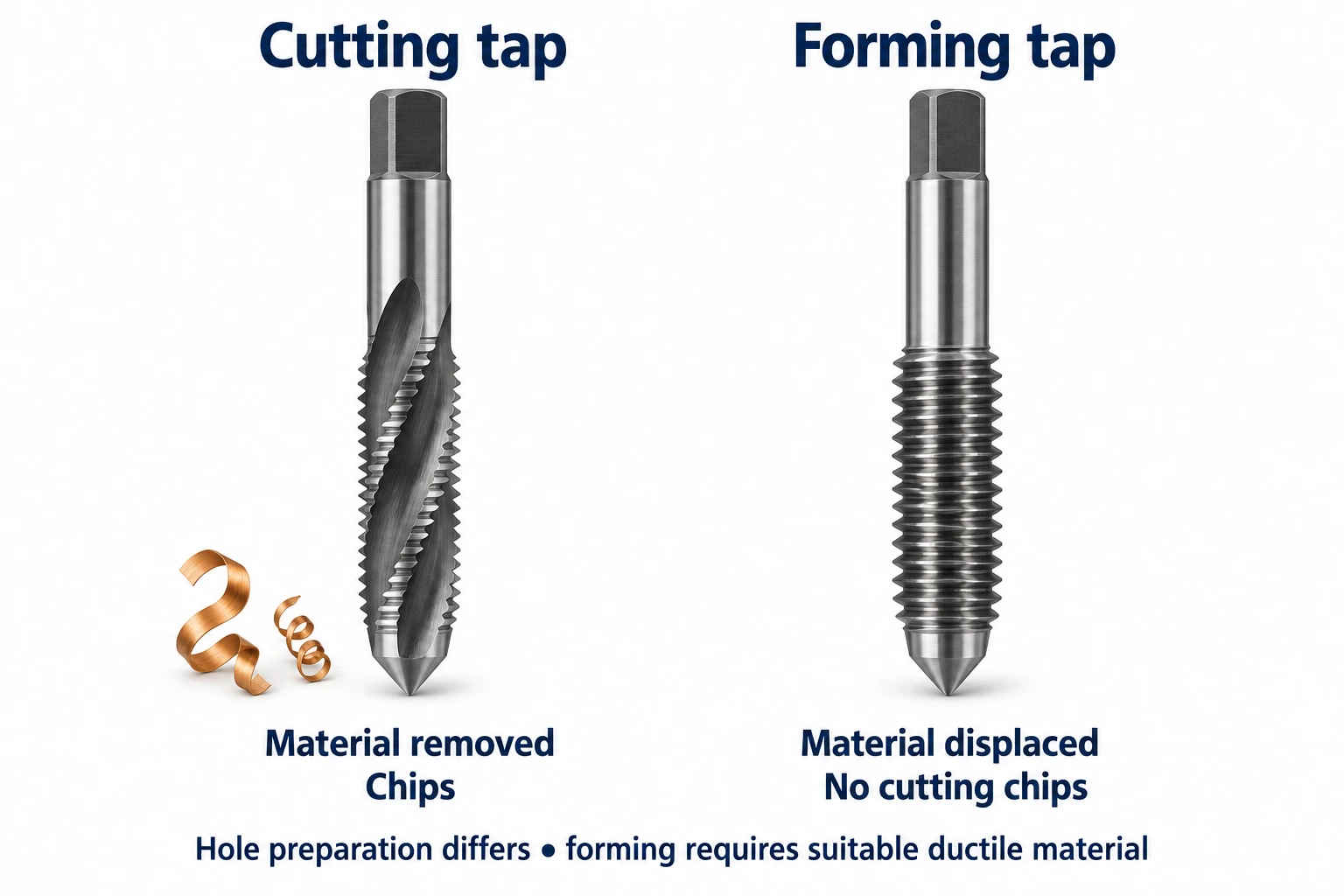 A fluted cutting tap with two illustrative chips beside a fluteless forming tap, comparing material removal and displacement.