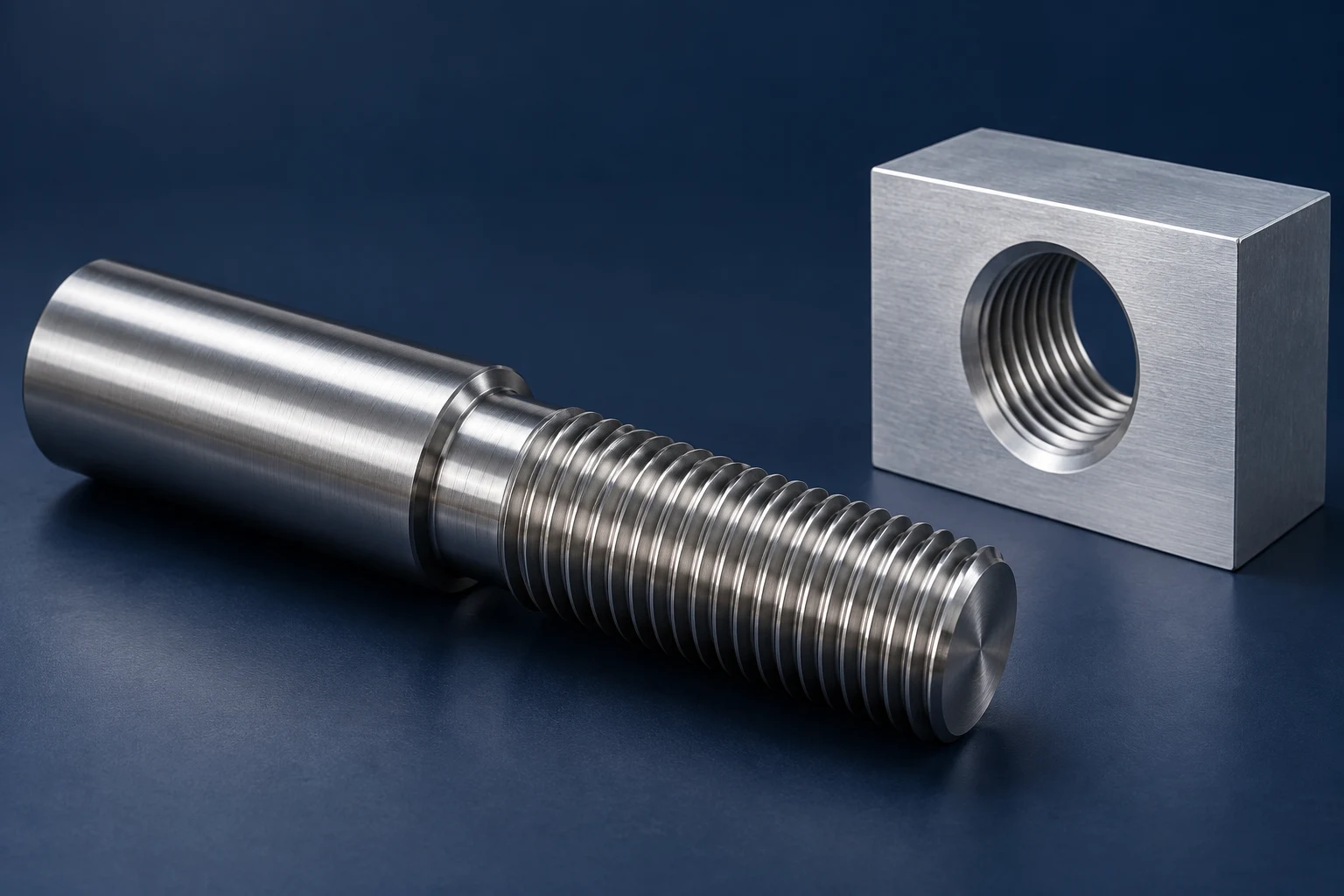 A threaded steel shaft beside an aluminum block with an internally threaded bore.