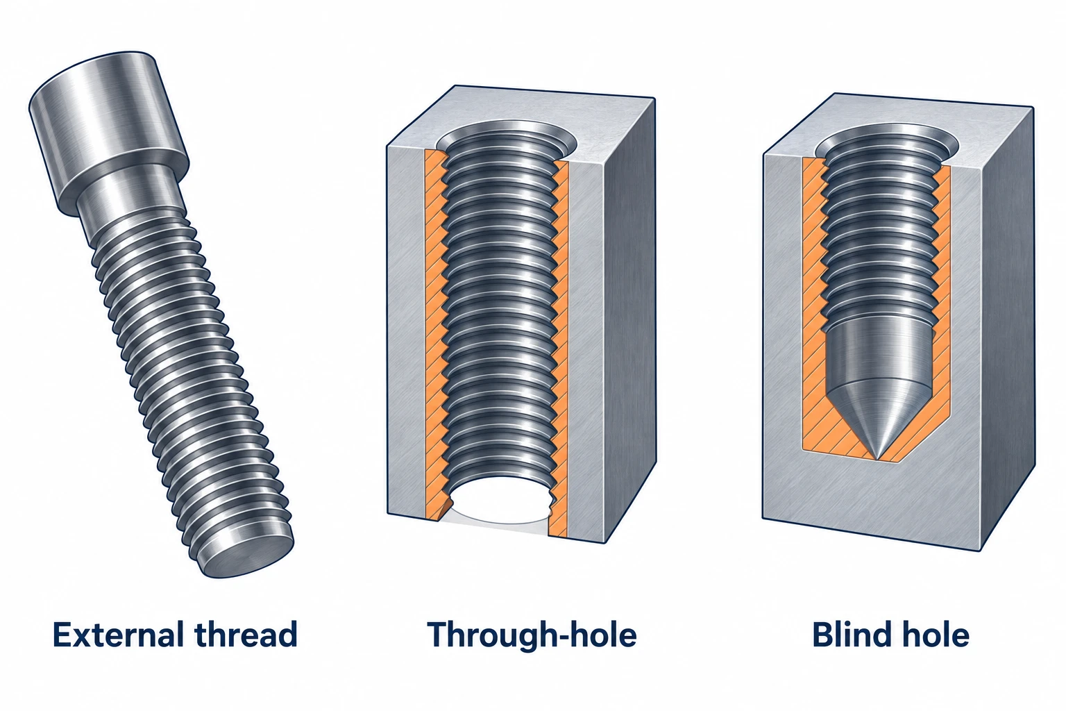 An externally threaded spindle, a cutaway block with a threaded through-hole, and a cutaway housing with a blind threaded hole.