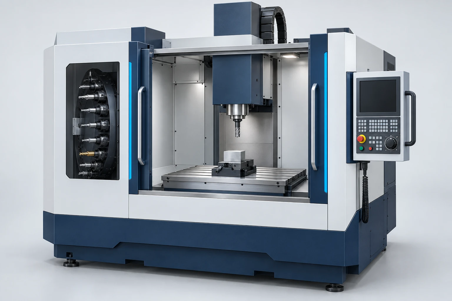 Vertical machining center with a retracted milling tool, clamped block, tool magazine and control panel.