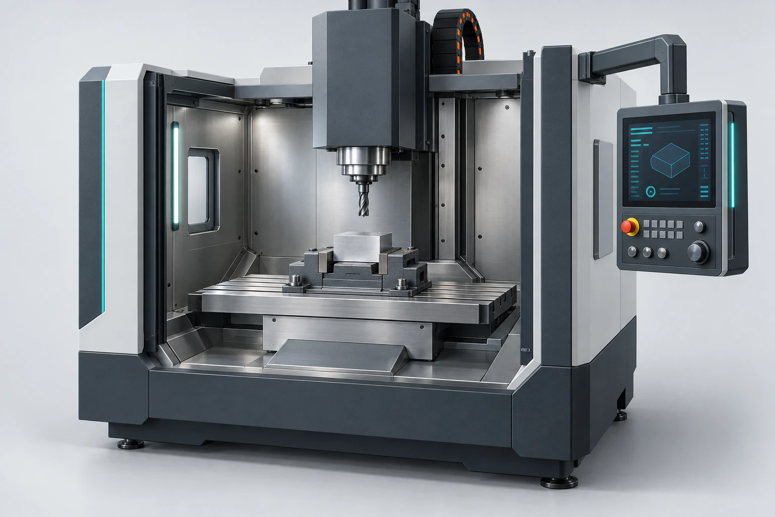 CNC milling machine with an external control panel and a retracted spindle above a vise-held workpiece.