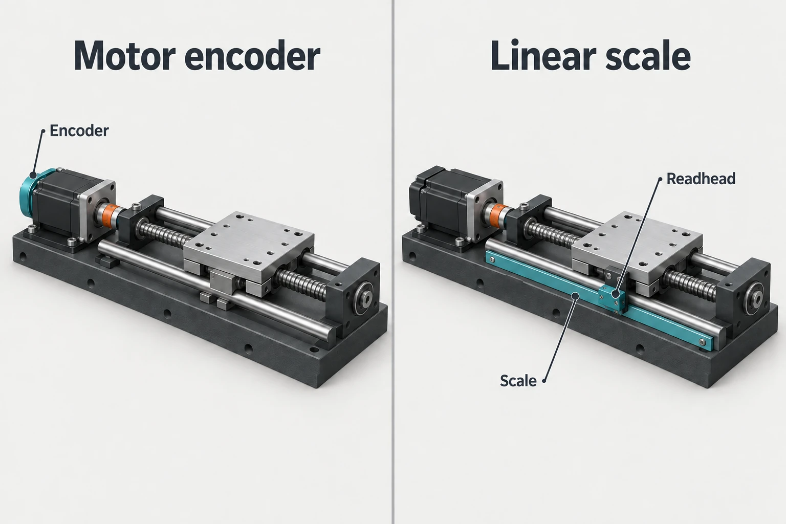 Two screw-driven axes compare a rear motor encoder with a fixed linear scale and a readhead carried by the moving table.