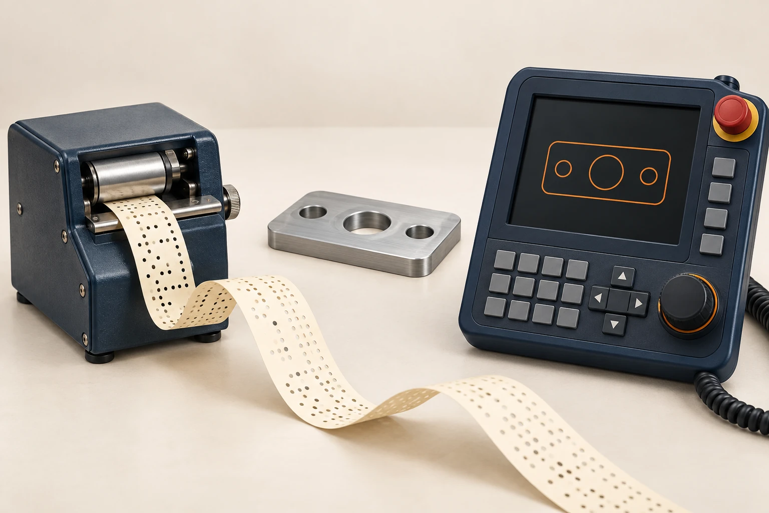 Paper-tape reader and industrial control pendant beside a metal plate with three holes.