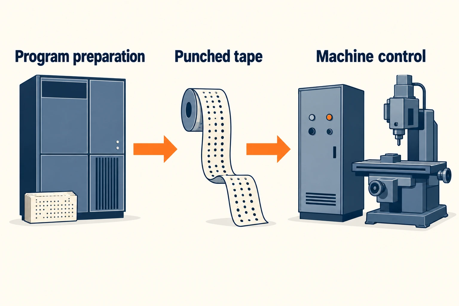 Computer and punched cards feed a paper-tape stage, which passes instructions to a separate machine control.