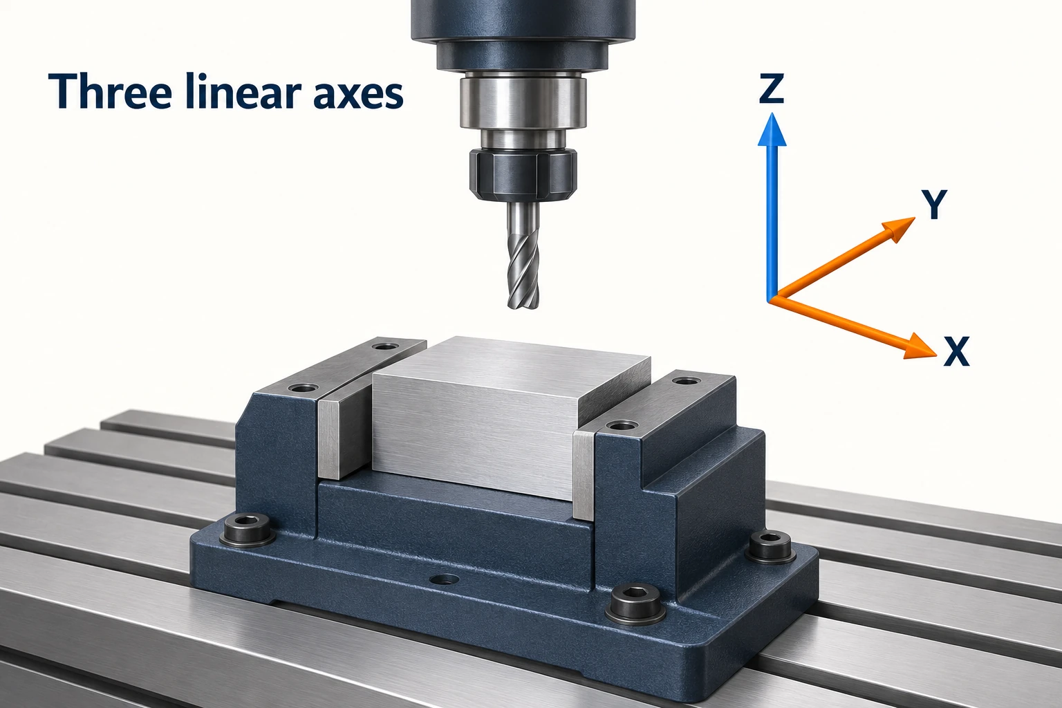 A vertical milling tool above a clamped block beside the three perpendicular linear directions X, Y and Z.
