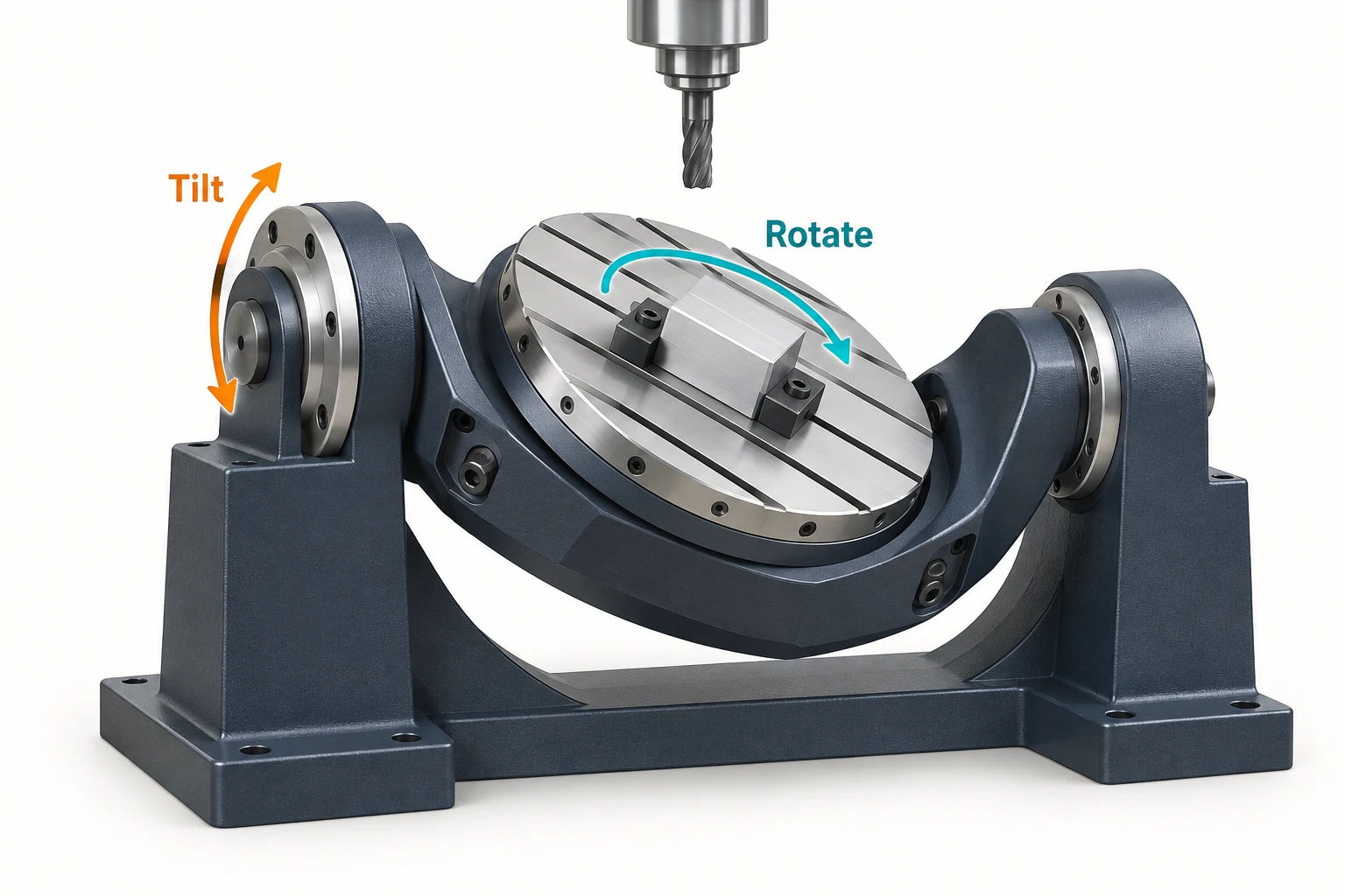 A trunnion with one rotary direction at its side pivots and a second around the center of its tilted platter.