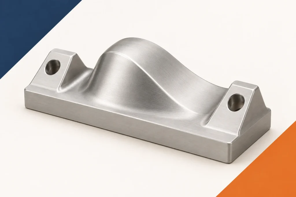 Metal tooling insert with inclined mounting pads, circular holes and a smooth raised central form.